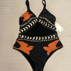 NWT Women’s Commense Black and Orange Cutout Swimsuit
